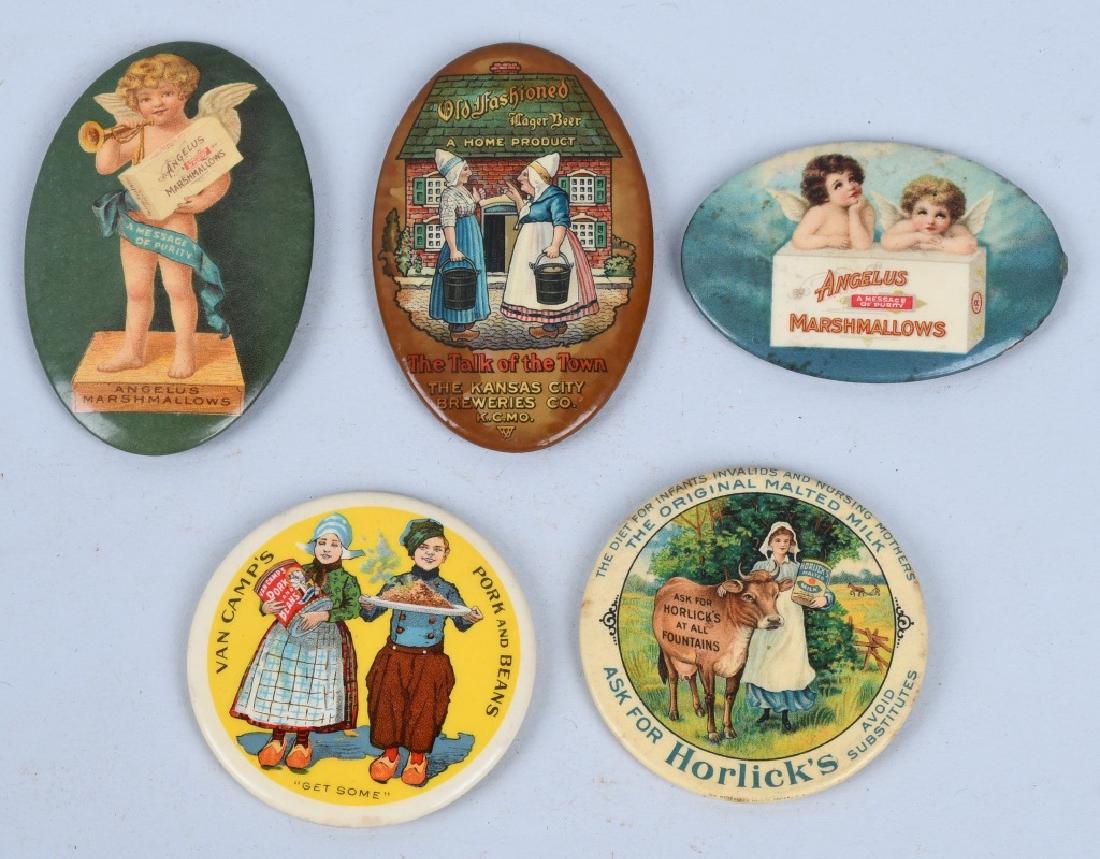 5- CELLULOID ADVERTISING POCKET MIRRORS: Includes Angelus Marshmellows, Van Camps Pork & Beans, Horlicks Malted Milk, Old fashion Breweries, and Angelus Marshmellows. Largest measures 2 3/4" Excellent
