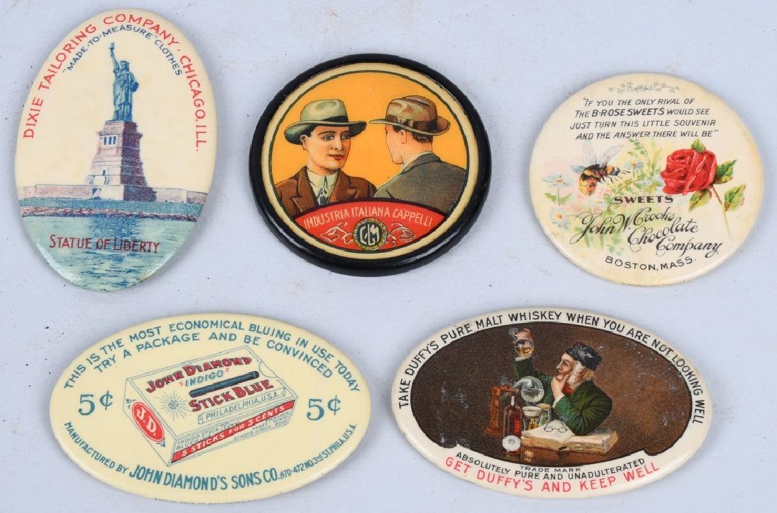 5- CELLULOID ADVERTISING POCKET MIRRORS: Includes Industria Italiana Cappelli, Dixie Tailoring, Duffy Pure Malt, John Diamond Blue, and John Crooks Chocolate Company. Largest measures 2 3/4" Excellent