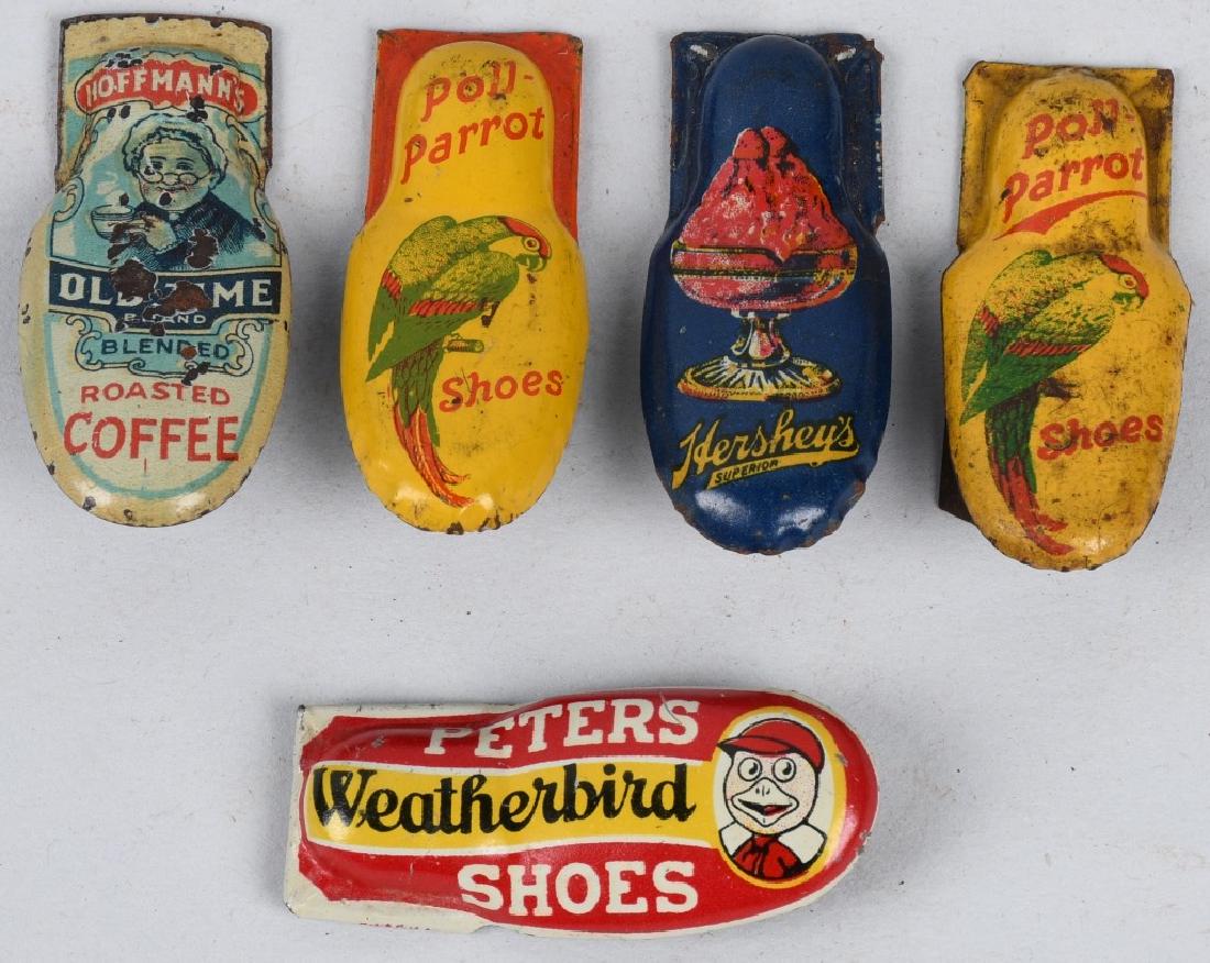 5- VINTAGE ADVERTISING TIN CLICKERS: Includes Poll Parrots Shoes, Peters Shoes, Hersheys Ice Cream, Polly Parrot Shoes, and Oldtime Coffee. Excellent