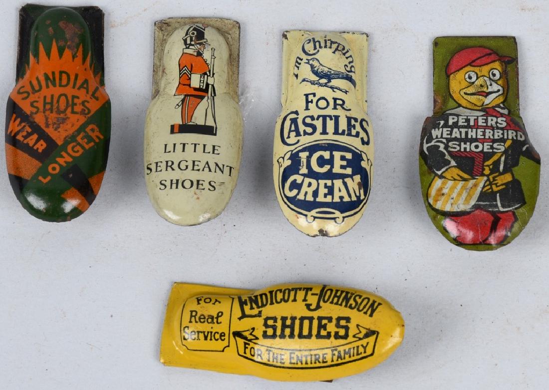 5- VINTAGE ADVERTISING TIN CLICKERS: Includes Little Sergeant Shoes, Castle Ice Cream, Peters Shoes, Sundial Shoes, and Endicott-Johnson Shoes. Excellent