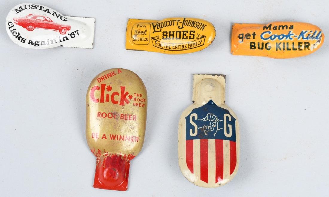 5- VINTAGE ADVERTISING TIN CLICKERS: Includes Endicott-Johnson Shoes, Cook-Kill Bug Killer, SG, Click Root Beer, and 67 Mustang. Excellent