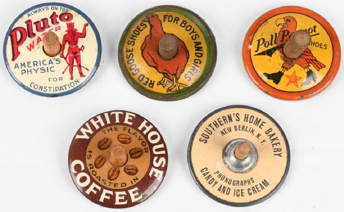 5- VINTAGE ADVERTISING TIN TOPS: Includes Poll Parrot Shoes, White House Coffee, Pluto Water, Southerns Home Bakery, and Red Goose Shoes. Excellent
