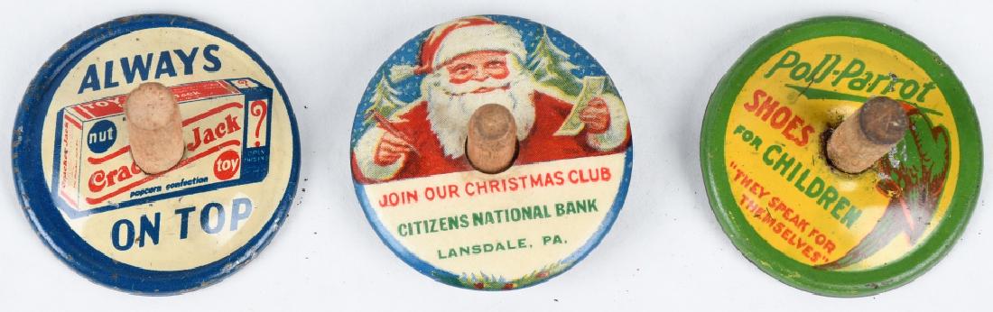 3- VINTAGE ADVERTISING TIN TOPS: Includes Santa Claus Citizens National Bank, Cracker Jacks, and Poll Parrot Shoes. Excellent