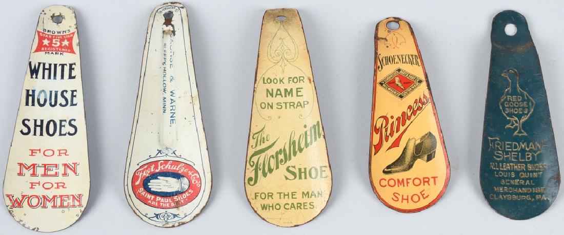 5- VINTAGE ADVERTISING TIN SHOE HORNS: Includes White House Shoes, Red Goose Shoes, Florsheim Shoes, Saint Paul Shoes, and Princess Shoes. Excellent