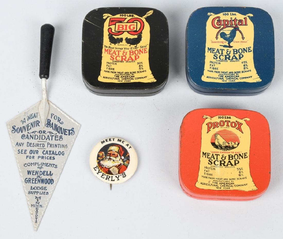 5- VINTAGE ADVERTISING GIVEAWAYS: Include Capital Scrap Sample Tin, Big 50 Scrape Sample Tin, Protox Scrape Sample Tin, Everly's Santa Claus Pinback, Advertising Mini Trowel. Excellent