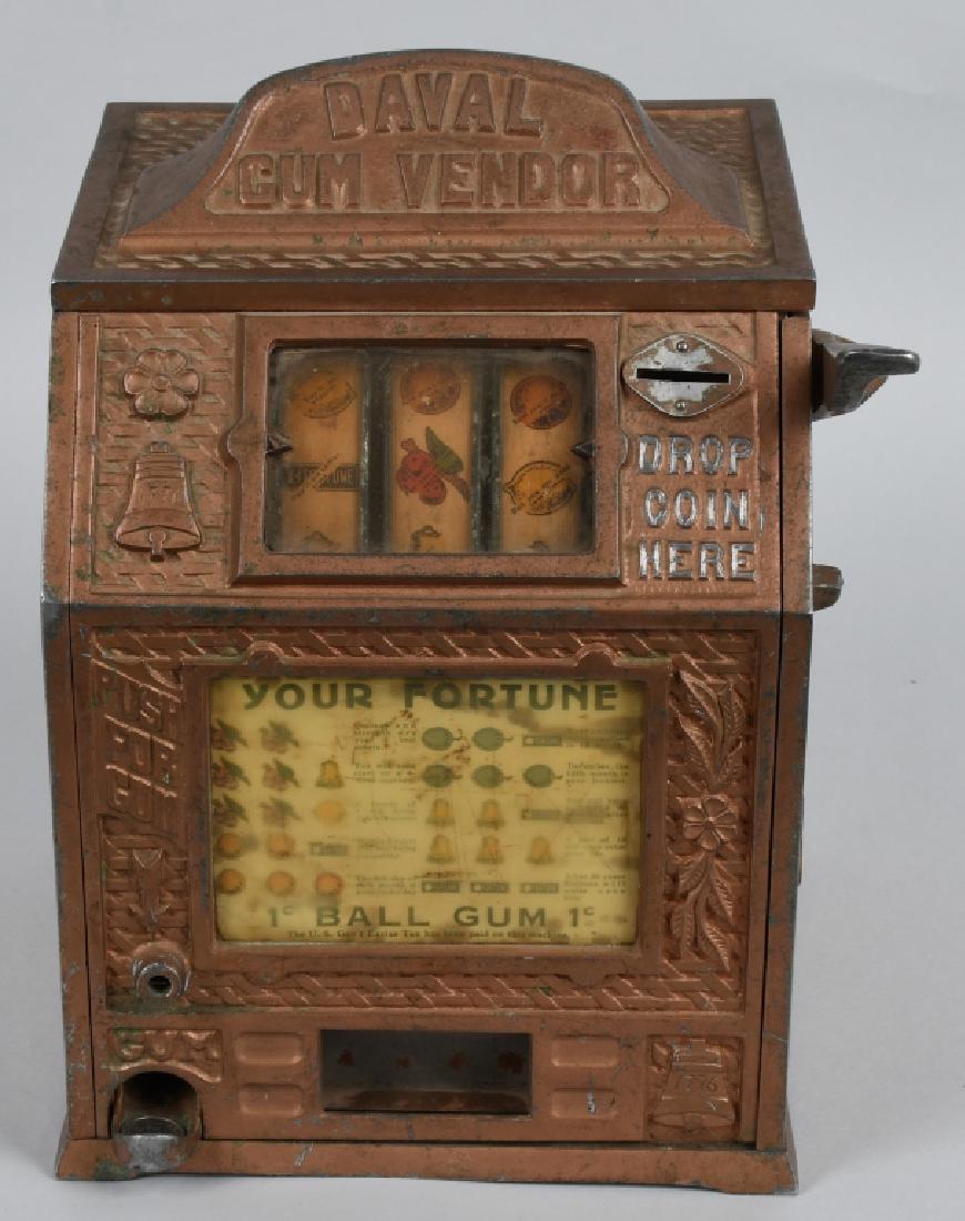DEVAL ARCADE GUM MACHINE 1776-1933: Excellent Deval 1776 Arcade Gum Machine. Very nice casting with Patriotic theme. Working. Rear door replaced. 12" Very Good-Excellent