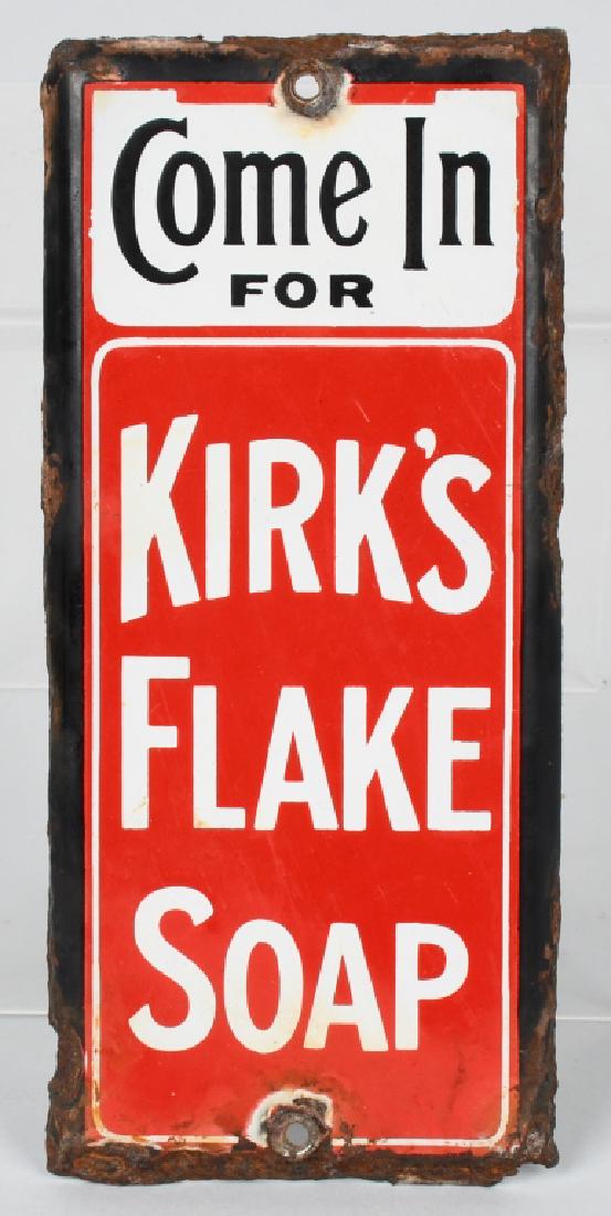 KIRK'S FLAKE SOAP PORCELIAN DOOR PUSH: Kirk's Flake Soap Porcelain Door Push. Some edge wear. 8 1/2" Very Good