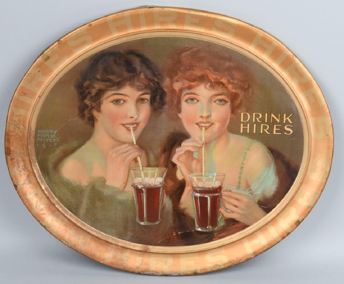 1915 HIRES ROOT BEER SELF-FRAMED SIGN: Scarce 1915 Hires Rootbeer Self Framed Sign. Great image of two young ladies enjoying a Hire Root Beer. Art by Harry Morse Meyers. Sign is all original with no restoration. Field on the sign is beauti