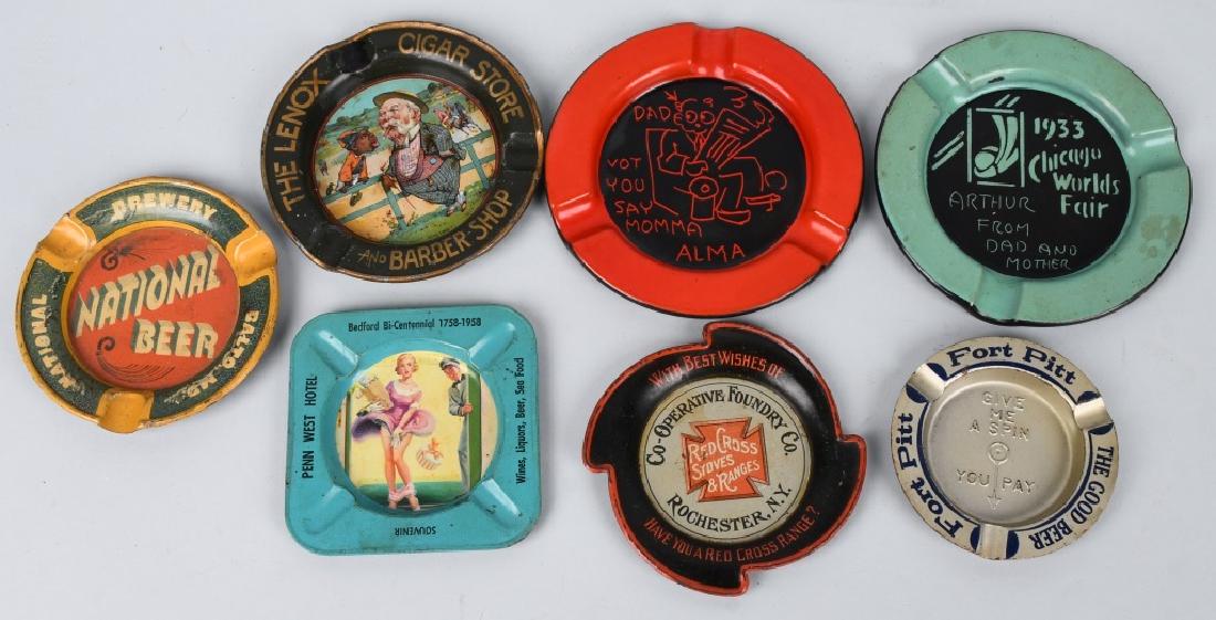 7- ADVERTISING ASH TRAYS: Includes National Beer, Red Cross Stoves, Fort Pitt Beer, Penn West Hotel, Alma, Lenox Cigar Store, and 1933 Chicago Worlds Fair. Very Good-Excellent
