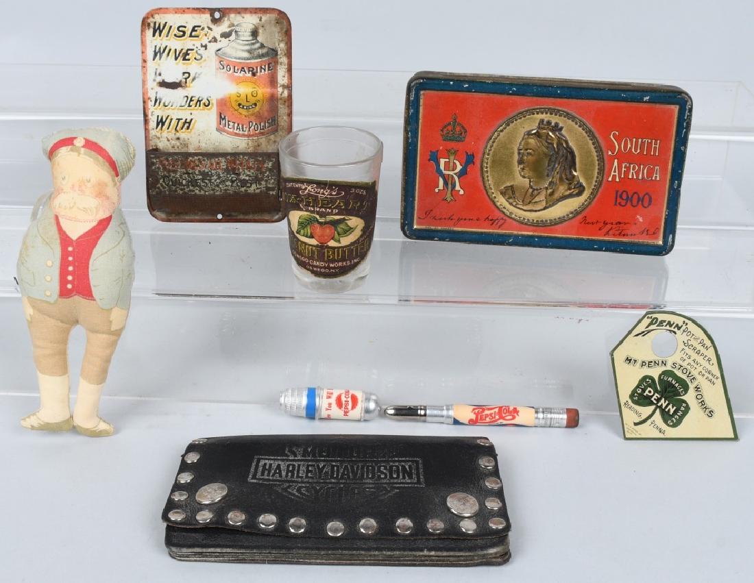 LOT OF ADVERTISING ITEMS: Includes Harley Davidson Wallet, Solarine Polish Match Holder, 1988 Brownie Doll, South Africa 1900 Tin, Pepsi Cola Pencil, Pepsi Cola Eraser, Ox Heart Peanut Butter Glass, and Penn Ranges Scrapper. V