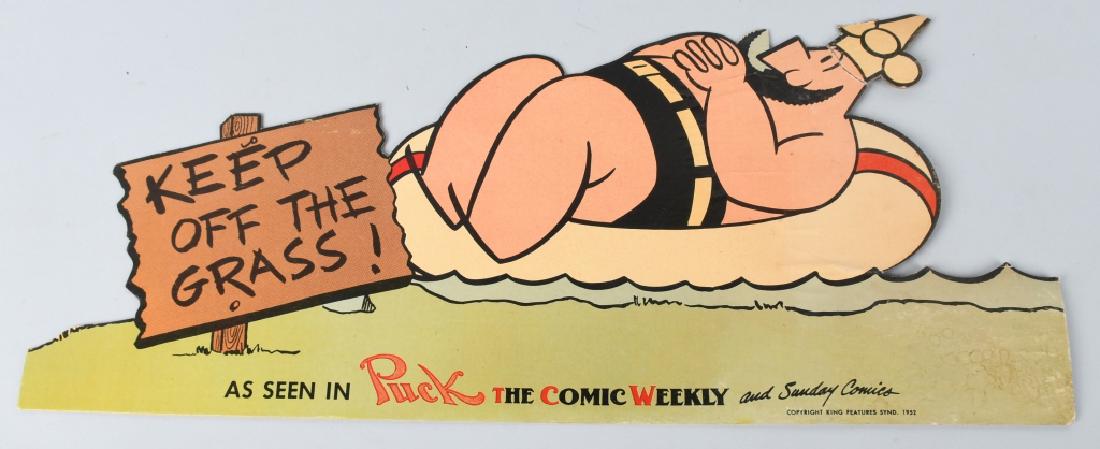 PUCK WEEKLY COMIC CHARACTER SIGN: Cardboard comic character sign for Puck Weekly. Hat has tape. Very Good