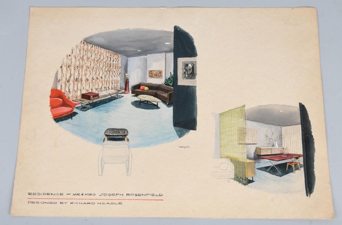 1954 NEAGLE MID-CENTURY HAND PAINTED DESIGN: Original hand painted design for Mr & Mrs Rosenfield Residence done by famous mid-century designer Richard Neagle. Signed by the artist. dated on the back. Great Mid-Century item. 20"x15" Excellent