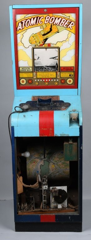 1946 5c ATOMIC BOMBER ARCADE MACHINE: 1946 International Mutoscope 5c Atomic Bomber Arcade Machine. This all original machine came from Idora Park in Youngstown, Ohio. The machine is in as found condition and will need some work. The glas