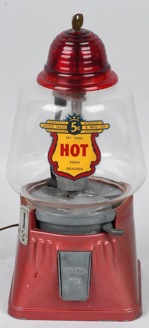 SILVER KING RED TOP PEANUT MACHINE w/ HEATER: Nice 1940s 5c Peanut Vending Machine. All original and complete with key. Has red light on top to heat the peanuts. A nice machine. 15\" Excellent