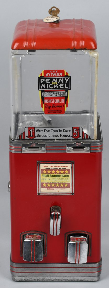 NORTHWESTERN 1c OR 5c VENDING MACHINE: Unusual Northwestern Vending Machine that accepts 1c or 5c. Setup for Ball Bubble Gum. Nice complete original machine with key. 19\" Excellent