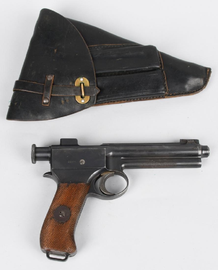 ROTH-STEYR 1905 8mm DA SEMI AUTO PISTOL: SN 22541, Unusual Austrian DA semi auto pistol. 5 1/2" barrel, clean bore with light pitting. 90% finish with spots of pitting. Excellent wood grips. Action works well. Includes holster. Very Good*