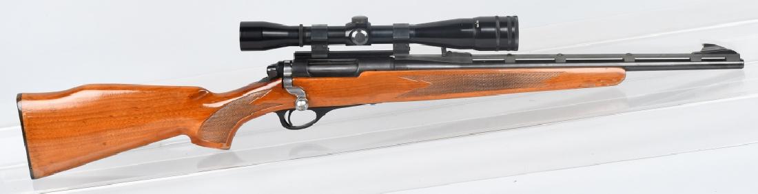 REMINGTON MODEL 600, .222 REM. BOLT RIFLE: SN 23985, 19" vented rib barrel with excellent bore. 85% finish, very good checkered wood stock. Action is smooth. Includes Lyman All American 8X. scope. Very Good*