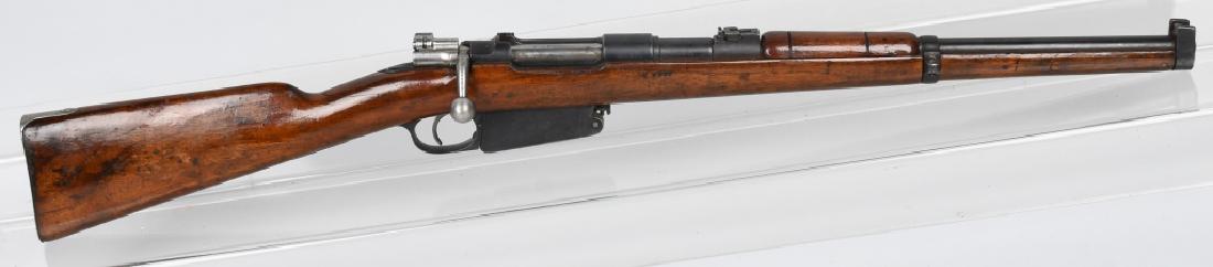 ARGENTINE MODEL 1891 MAUSER, 7.65mm CARBINE: SN A3616, numbers match on barrel and receiver. 18" barrel with excellent bore. 80% finish, with nice markings and makers crest. Stock has been refinished and there is a a crack at thee wrist. Action 