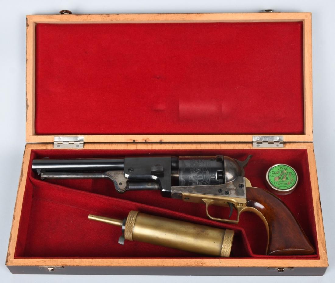 UBERTI CASED COLT .44 1st MODEL DRAGOON REVOLVER: SN 06225, High quality copy of a Colt 1st model Dragoon revolver. 7 1/2" barrel with excellent bore. Revolver appears unfired. Extremely well made and detailed. Is even marked "W.L. Orsmby N.Y." under