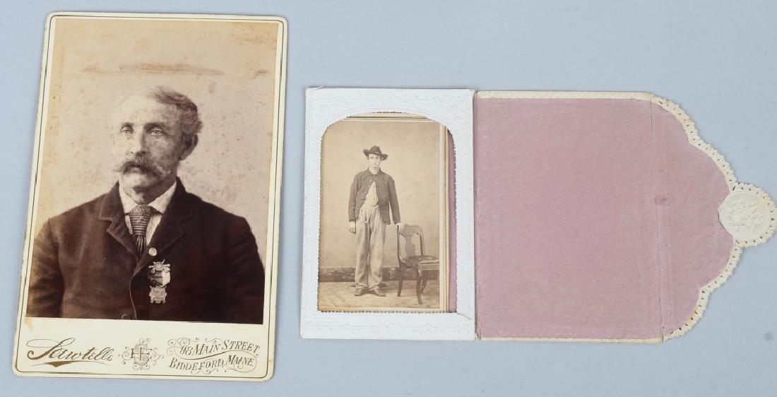 CIVIL WAR SOLDIER CDV & CABINET CARD: Civil War CDV of a Union private wearing a seven button jacket and slouch hat. Image is housed in a delicate, intricately designed paper holder. Reverse of image has a 2 cents revenue stamp and bears 