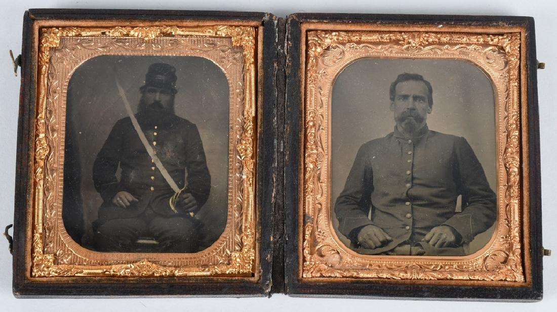 CIVIL WAR 1/6 ARMED CAVALRY TINTYPES DOUBLE CASED: Two 1/6th plate tintypes of a cavalryman. Both images are housed in one a case. In the first image he is pictured with a moustache and goatee and in the second he has a full beard and is seated holdin