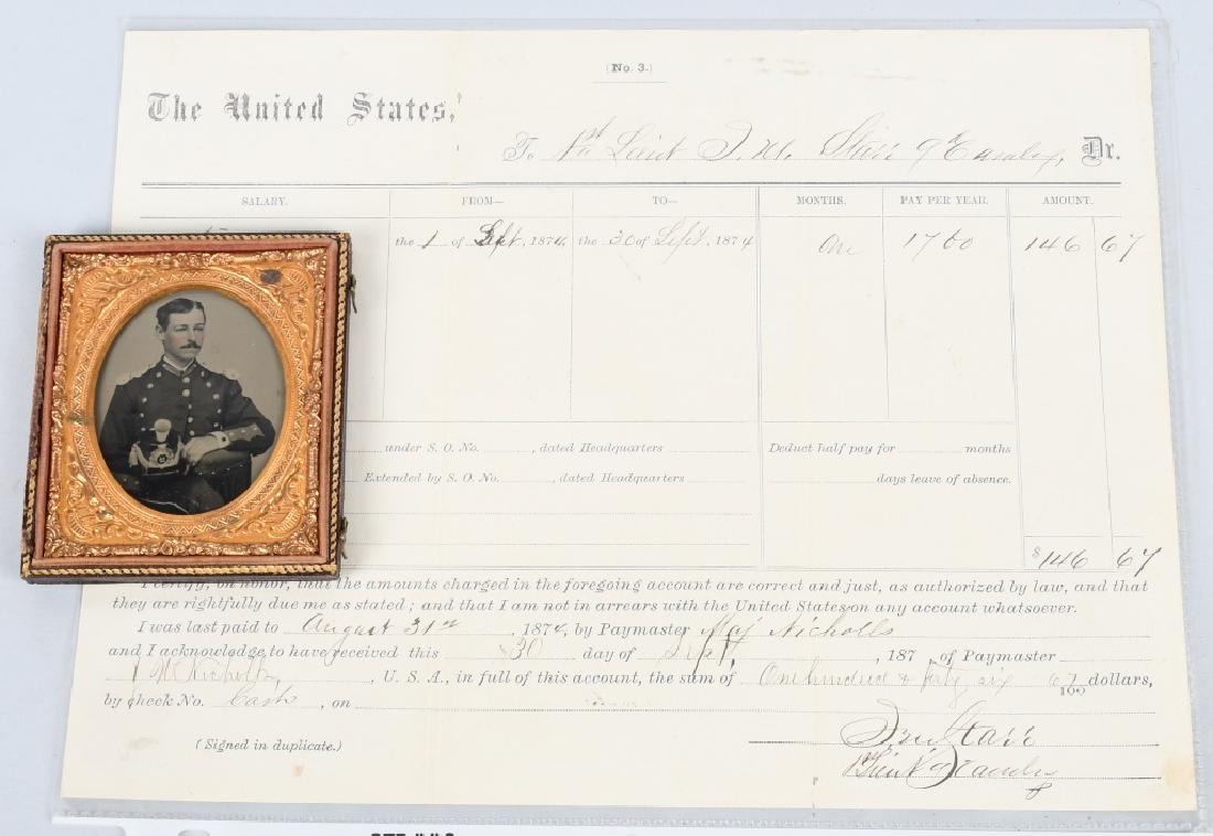 INDIAN WARS LOTBUFFALO SOLDIER DOC & MILITIA PHOTO: Indian Wars period lot including a 1/6th plate tintype of a Massachusetts Militiaman in 1/2 leatherette case. Massachusetts photographer advertisement on the reverse side. Also included is a U.S. Army