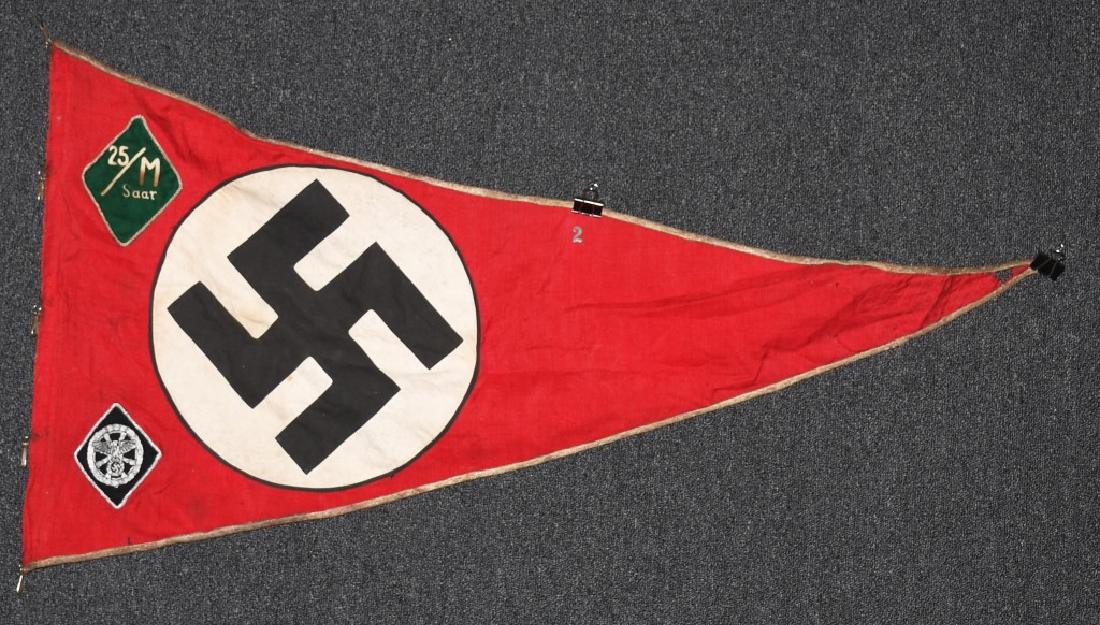 WWII NAZI GERMAN NSKK UNIT MARKED PENNANT - BANNER: Multi piece construction double sided large NSKK pennant - banner with applied embroidery on wool NSKK insignia and 25/M Saar designating the 25th Motor group of the Saar District. Still retains all 4