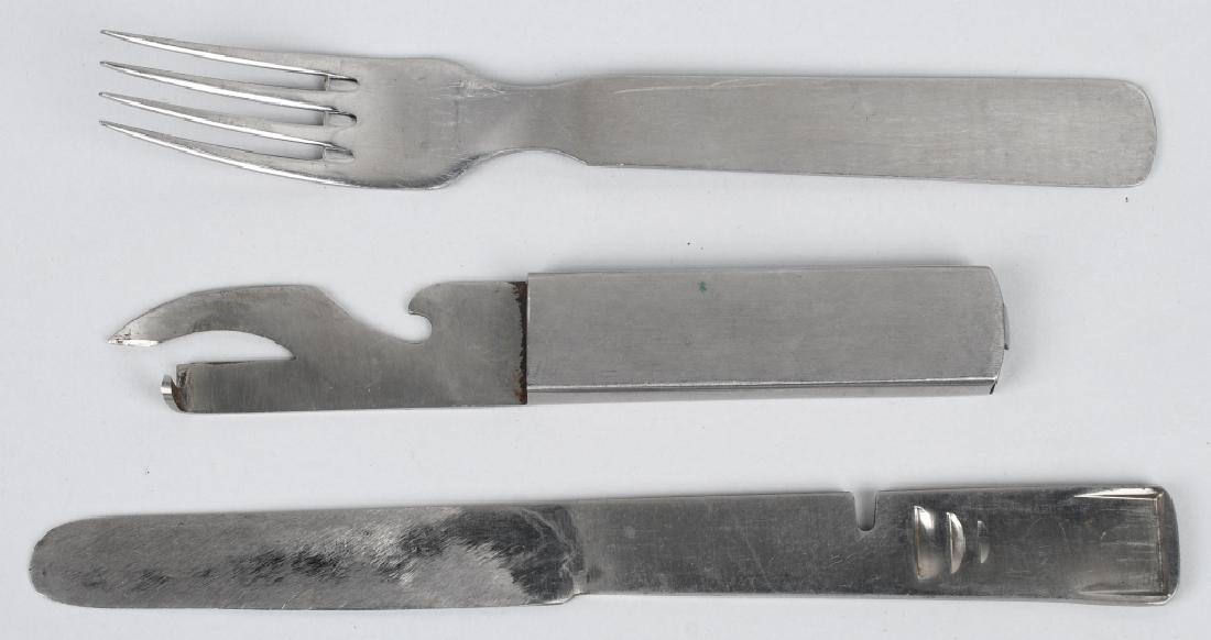 WWII NAZI GERMAN ARMY FIELD UTENSIL SET: Army field utensil set including knife, fork, and can opener. The fork is Waffenamt stamped. The knife appears to have been cleaned and is stamped Thomas Wielputz Solingen. Aluminum construction. very