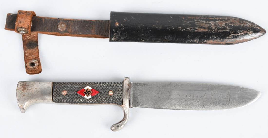 WWII NAZI GERMAN HITLER YOUT HJ KNIFE AND SCABBARD: German WWII Hitler Youth HJ Knife & Scabbard with Scabbard. Measures 10 1/16" long overall. The steel blade is etched 'Blut und Ehre!' (Blood and Honor!). It is maker marked 'Anton Wingen Jr Solingen