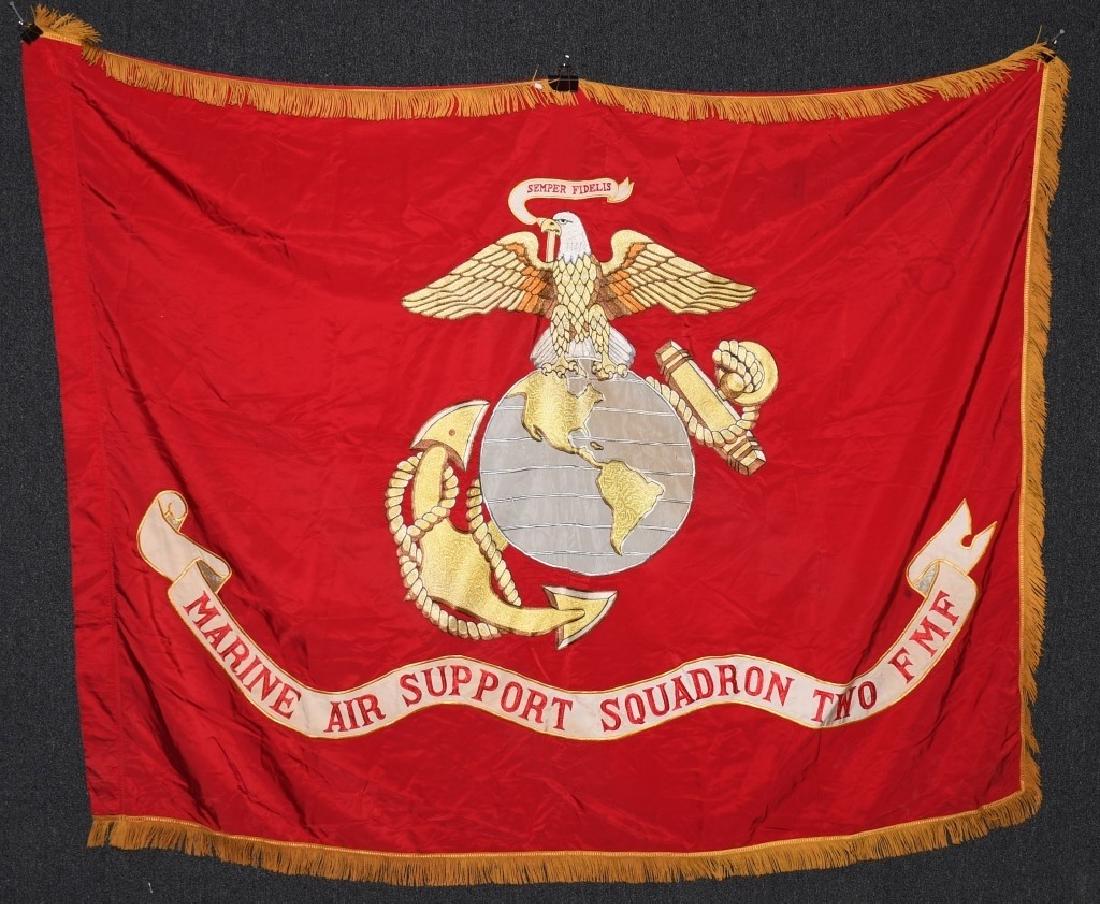 VINTAGE USMC MARINE AIR SUPPORT SQAUDRON 2 FLAG: Beautifully embroidered vintage United States Marine Corps " Marine Air Support Squadron 2 FMF " ( Fleet Marine Force ). Most likely used for ceremonial events this two sided flag features detailed em