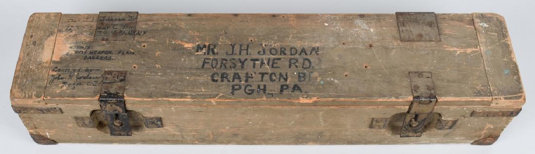 WWII U.S. GI BRING BACK SOUVENIRS SHIPPING CRATE: Wooden shipping crate sent from Major j.H. Jordan Jr. 1255 Engineer C Battalion to his father, Mr J.H. Jordan Forsythe Rd. Crafton Be Pgh (Pittsburgh) Pa". The contents are listed as enemy weapon, fla