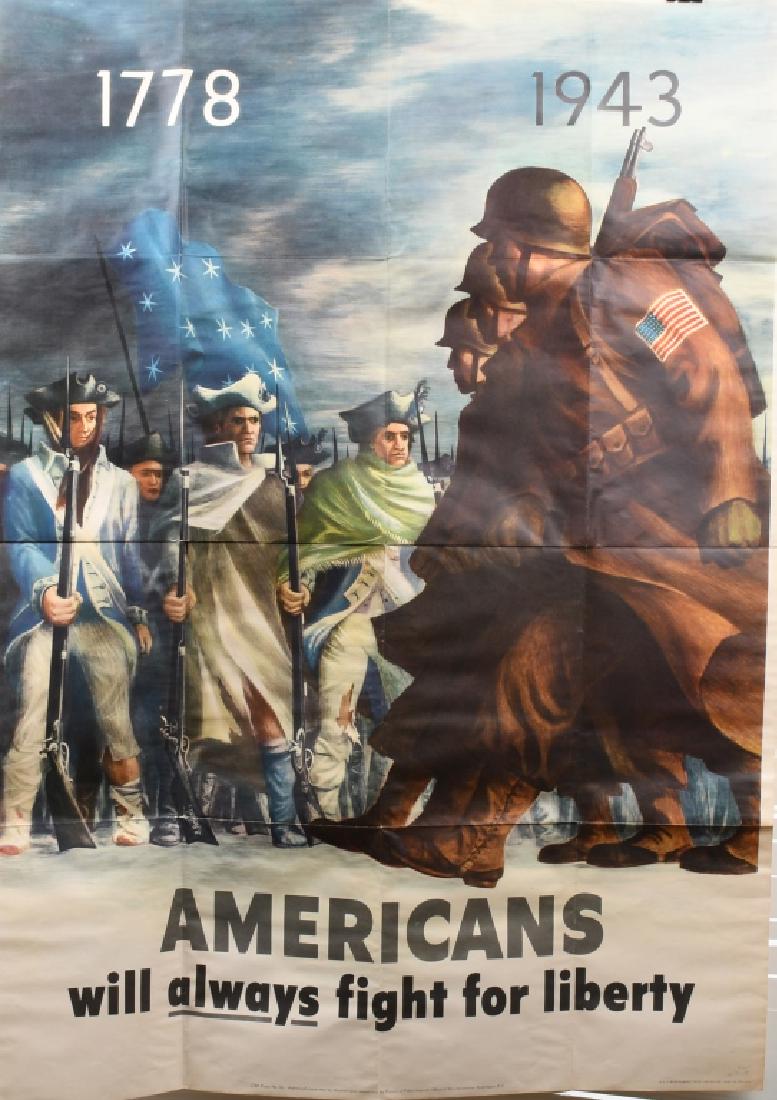 WWII U.S. PATRIOTIC POSTER BY BERNARD PERLIN 1943: 1943 U.S. Patriotic poster featuring 3 G.I.s marching by a line of Revolutionary War Continental soldiers with the slogan "1778 - 1943 Americans Will Always Fight For Freedom. "OWI Poster no. 26. Addi