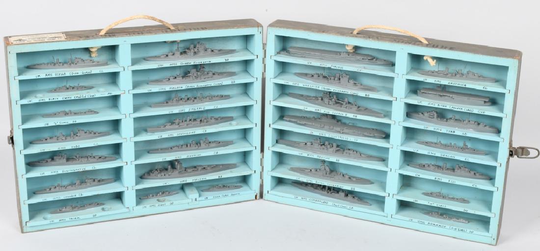 WWII U.S. NAVY SHIP IDENTIFICATION MODELS BRITISH: British Miniature Ship Models manufactured for the U.S. Navy by H. A. Framburg & Co. Chicago, Illinois - contract no. Noa(s)-1656. Used as a teaching aid, the fold open case holds 29 ships with each i