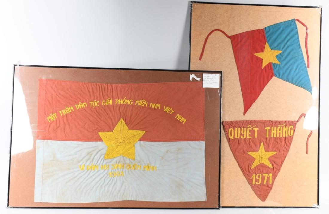 VIETNAM WAR 3 NVA FLAG LOT - USN FIRE BG BRINGBACK: Three North Vietnamese flags - pennants brought back by Bronze Star Recipient Dan White, United States Navy Fire Brigade and acquired by our consignor from his sister. The larger flag ( 21" x 28.5") i