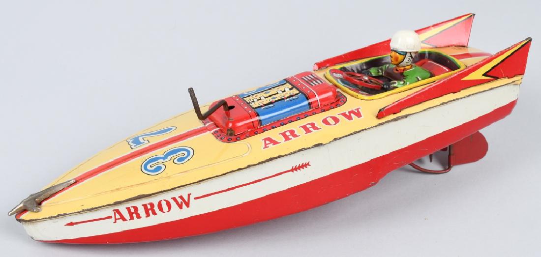 JAPAN Crank Windup #37 ARROW RACE BOAT: Colorful Japan tin crank action Race Boat. Windup not working. 11" Excellent