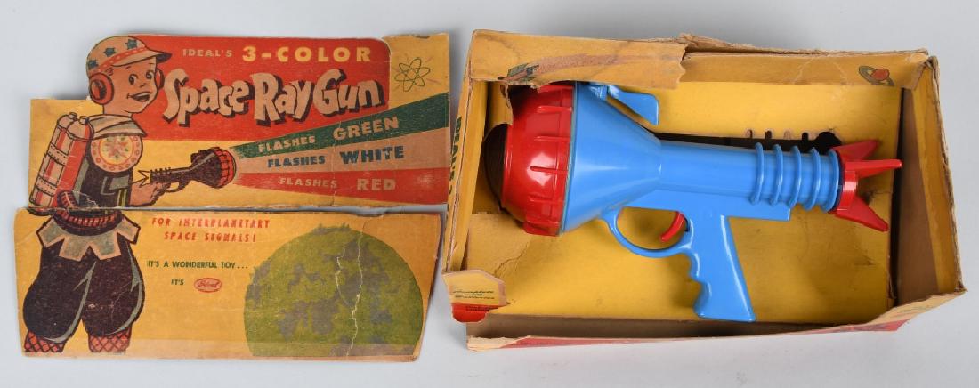 IDEAL 3- COLOR SPACE RAY GUN w/ BOX: Ideal battery operated plastic 3-Color Ray Gun. All original and complete. Comes with original torn box. 10" Excellent