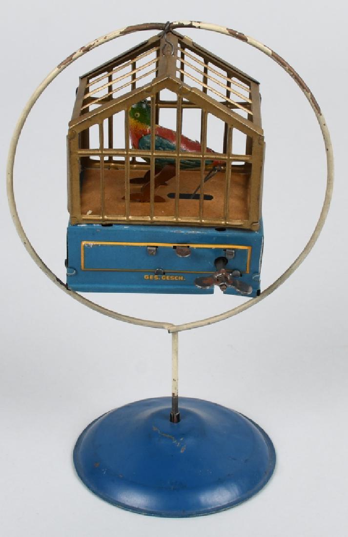 GERMAN Tin Windup BIRD IN CAGE w/ STAND (1 of 3)
