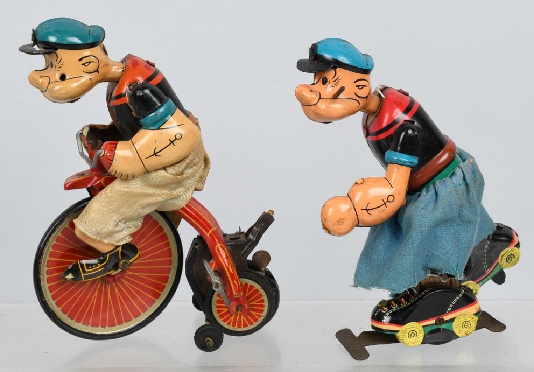 LINEMAR POPEYE HIGHWHEEL BIKE & SKATER: Include Linemar Popeye Highwheel Bike missing the bell, pipe, and loose handle Bars. Windup works. Plus Linemar Popeye Skater missing one are and wood pipe bowl. Windup works. Largest 7" Very Good