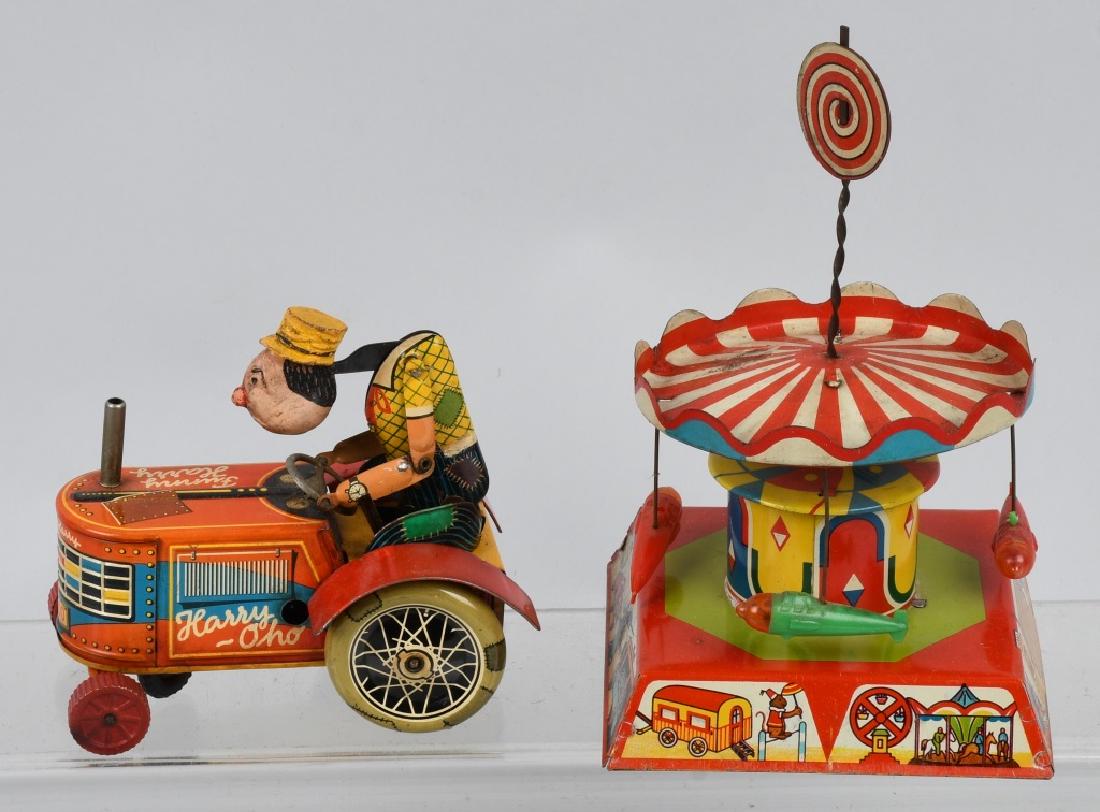 GERMAN TIN WINDUP SPACE RIDE & TRACTOR: Both all original and work. Largest 6" Very Good-Excellent
