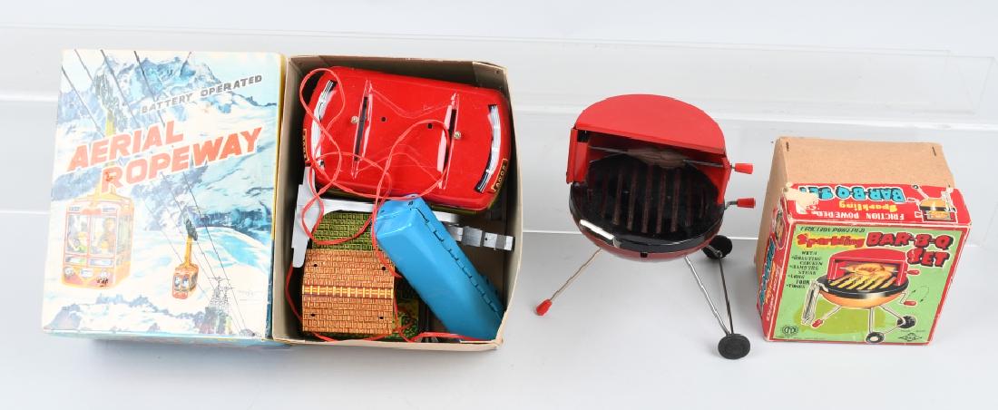 JAPAN AERIAL ROPEWAY & BAR-B-Q SET w/ BOXES: Includes battery operated Aerial Ropeway and friction Bar-B-Q Set. Both original with boxes. Largest 8" Excellent