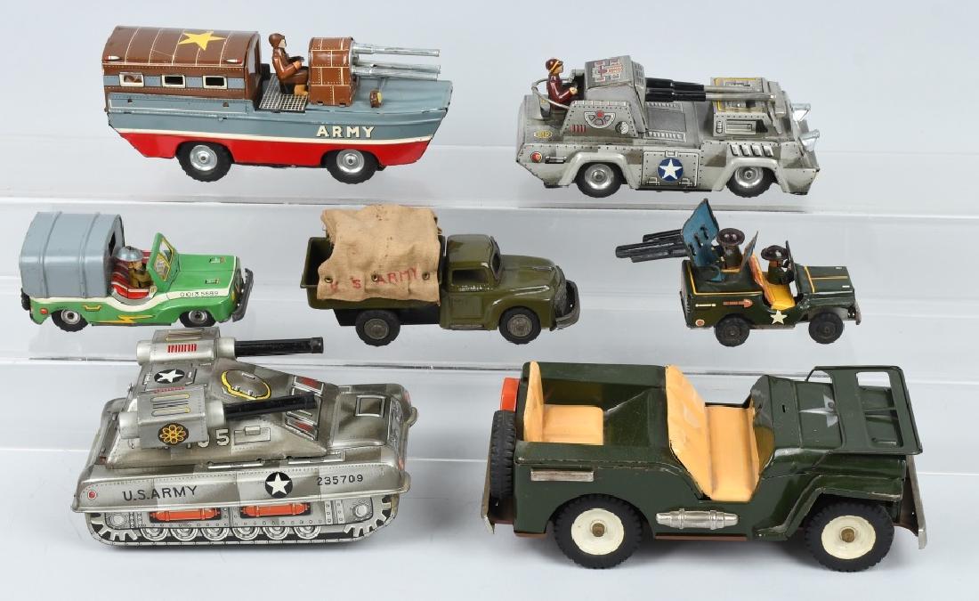 7- JAPAN MILITARY VEHICLES: Nice lot includes Jeeps, Tanks, Transport, and More. Most friction drive. Largest 10" Excellent