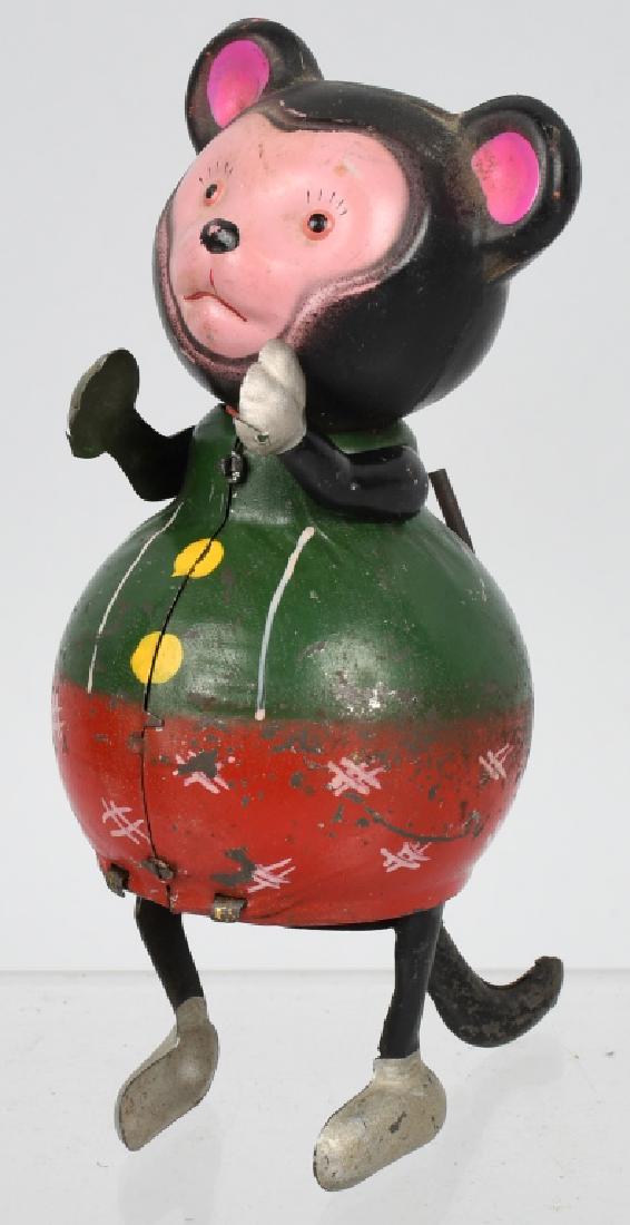 JAPAN Tin & Celluloid Windup RAMBLING BEAR: All original with great colors. Works. 5 1/2" Excellent