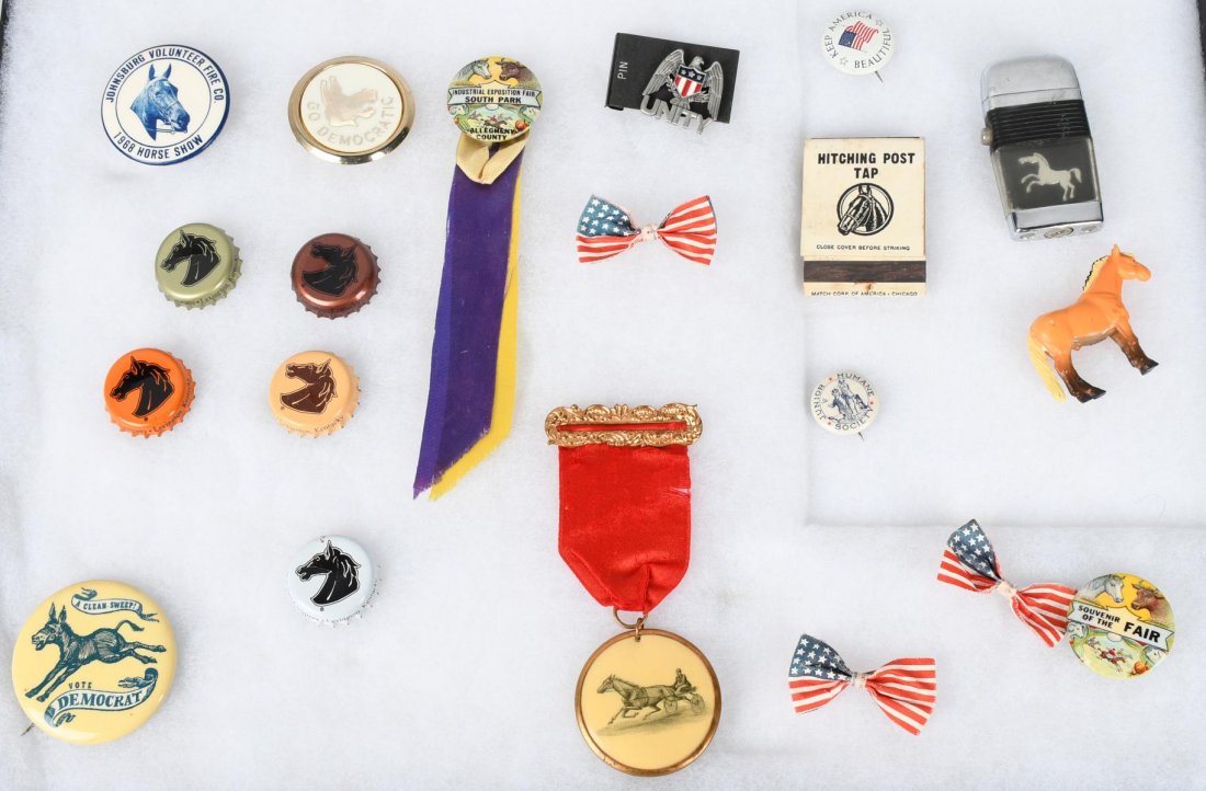 LOT of HORSE RELATED COLLECTIBLES, BUTTONS & MORE: Lot includes vintage and contemporary items. Early Sukey celluloid medal, bottle caps, lighter, match book, and more. Very Good-Excellent