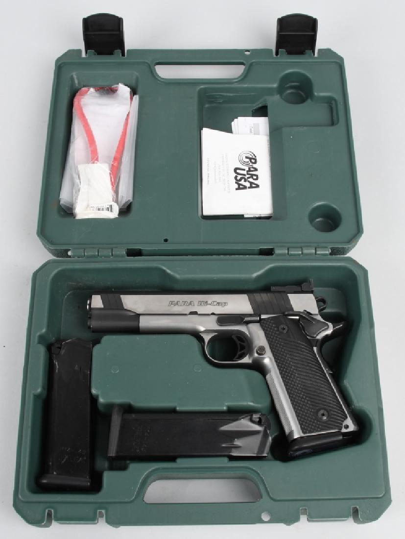 PARA HI-CAP MODEL 14.45, .45acp PISTOL w/ BOX: SN K007750, 5" barrel with excellent bore. Polished stainless steel slide with front and rear grasping serration, combat hammer. Has adjustable rear sight and fiber optic front sight. Slide is polishe