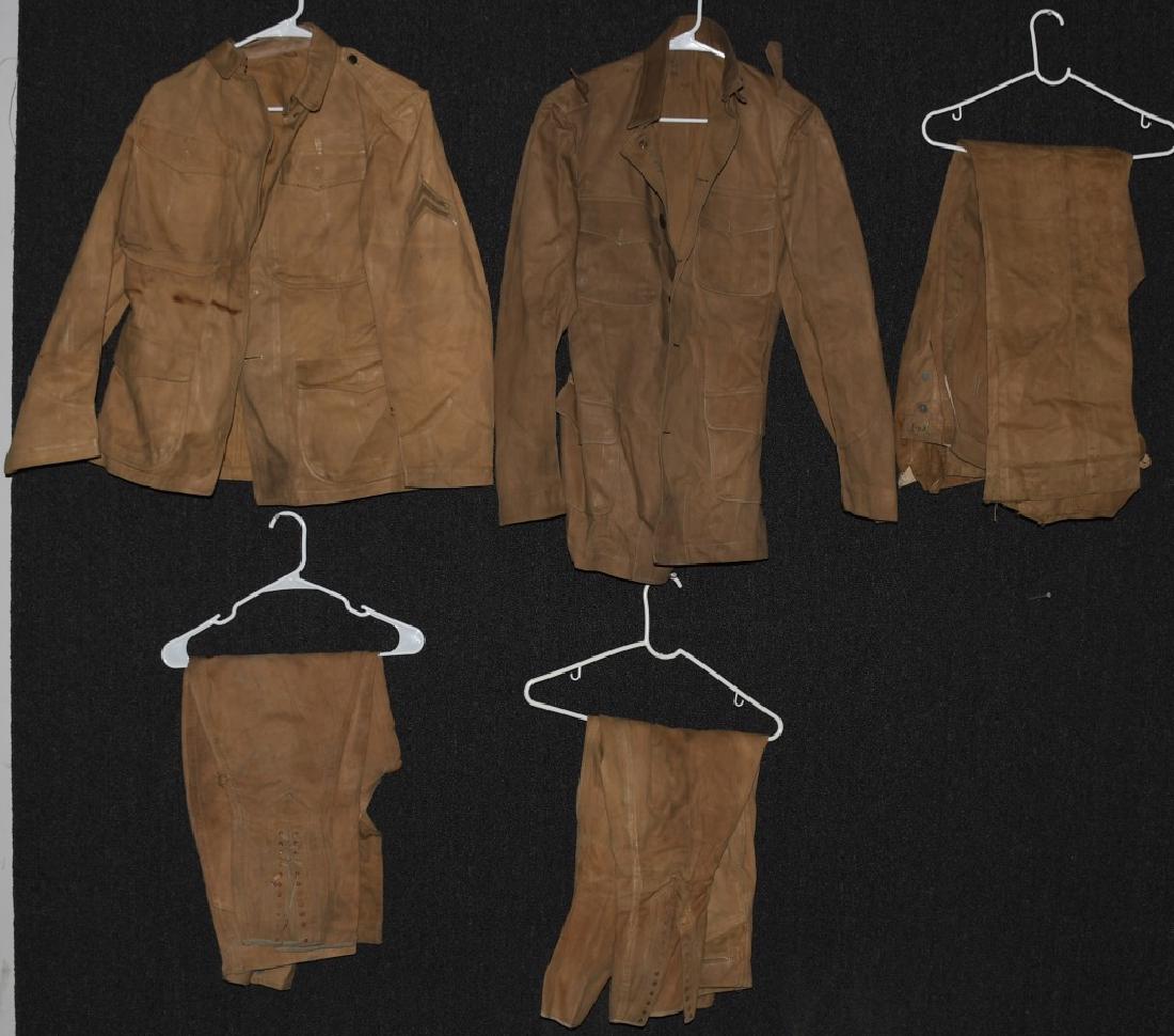 US INDIAN WARS 1902 SUMMER SERVICE UNIFORM GROUP: EXTREMELY RARE Uniform grouping named to a soldier from Co. C, 4th Infantry Regiment; Grouping includes 2 Summer Khaki service coats, one with Corporal Stripes on the shoulders; 5 pairs of pants, most