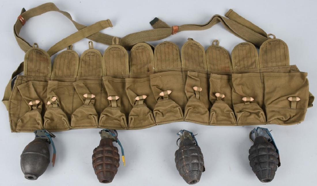 FOUR PRACTICE GRENADES & CHINESE-MADE BANDOLEER: Lot consists of four (4) US, Vietnam War era, deactivated hand grenades with blue-painted handles denoting 'Practice'; all are complete with levers and pins. Accompanied by Chinese-made bandoleer, as