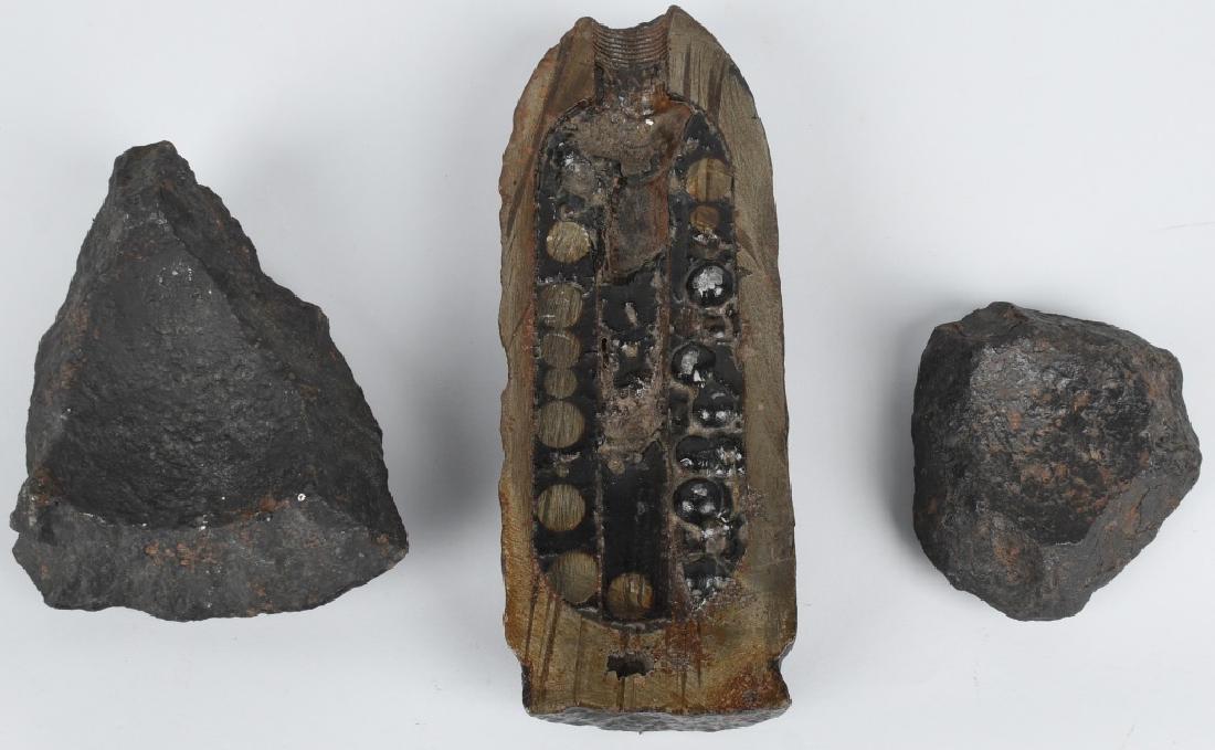 CW LOT 20lb PARROTT SHELL CROSS SECTION ETC: Two of these pieces are from large caliber cannon balls; the third is a cross-section from a 20 lb Parrott shell, cut-in-half, showing the center with visible canister shot and fuse threads at top of