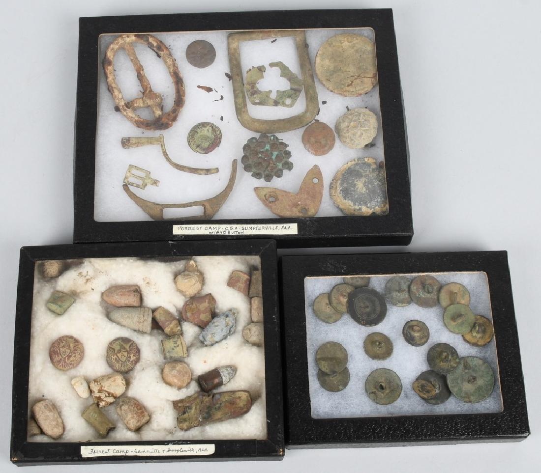 CS DUG RELICS FROM N.B. FORREST CAMPSITES IN ALA.: The first group of relics are marked: Forrest Camp - Gainesville + Sumterville, Ala. The prize of this hunt were two, matching, coat size Eagle A buttons made by Horstmann & Bros, Philadelphia. Anothe