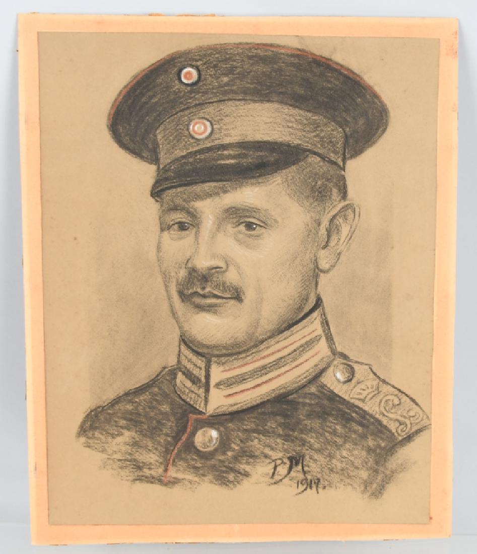 WWI 1917 GERMAN PRUSSIAN OFFICER PENCIL SKETCH: Pencil sketch of an Imperial Prussian officer. Sketch is dated 1917 with the artist's initials PM. Sketch measures 12" x 15.125" and is mounted to a 13.25" x 16.375" thick cardstock. Excellent.