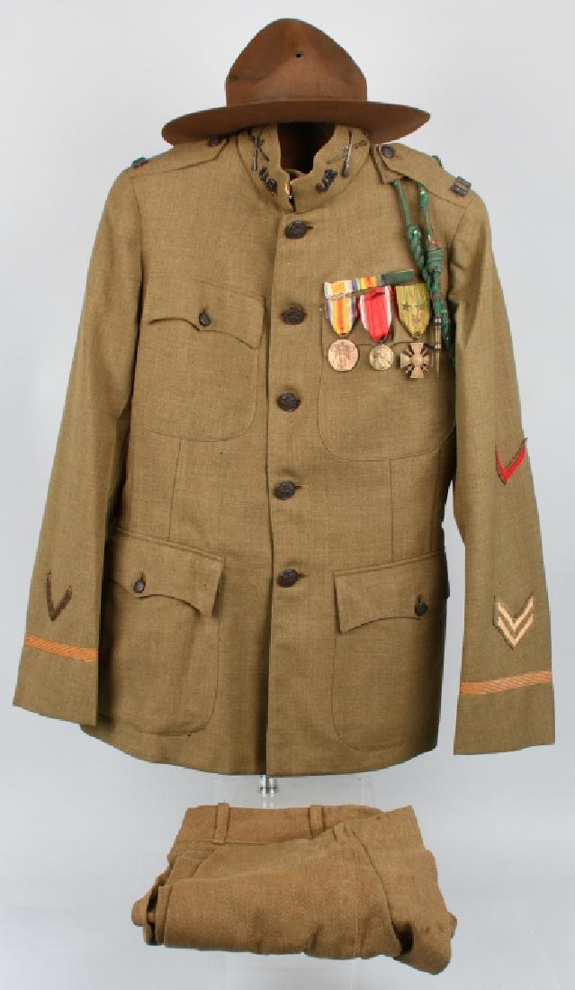 WWI US 5TH INFANTRY OFFICER'S UNIFORM WITH MEDALS: Great condition World War 1 US Army Officer's uniform with faux embroidered Captain's bars, US and 5th Infantry collar brass, WWI Victory Medal, Verdun Medal, and Croix de Guerre medal with 3 stars; A